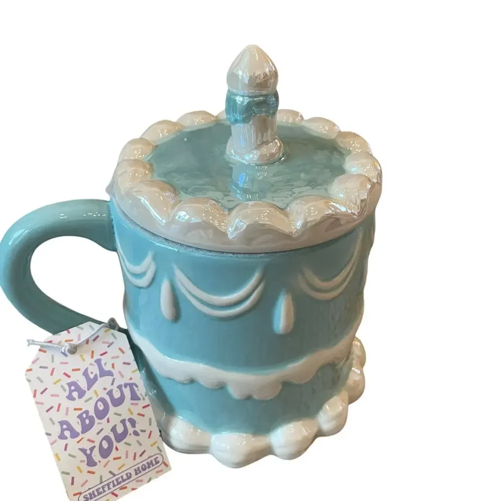 2pc Sheffield Home Hand Painted Blue Happy Birthday Cake Mug with Candle Lid New